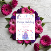 Rosa und lila Märchenburg und Einhorn Einladung