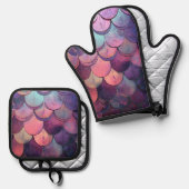 Rosa und Lila Meerjungenskala Ofenhandschuh & Topflappen-Set (Vorderseite/Rückseite)