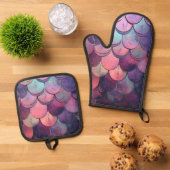 Rosa und Lila Meerjungenskala Ofenhandschuh & Topflappen-Set (Oben Unten)
