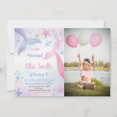 Rosa und Lila Meerjungfrau Schwänze Geburtstagsein Einladung (Vorderseite)