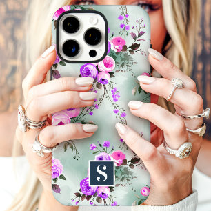 Rosa und lila Monogramm-Blumenmuster iPhone 16 Pro Max Hülle