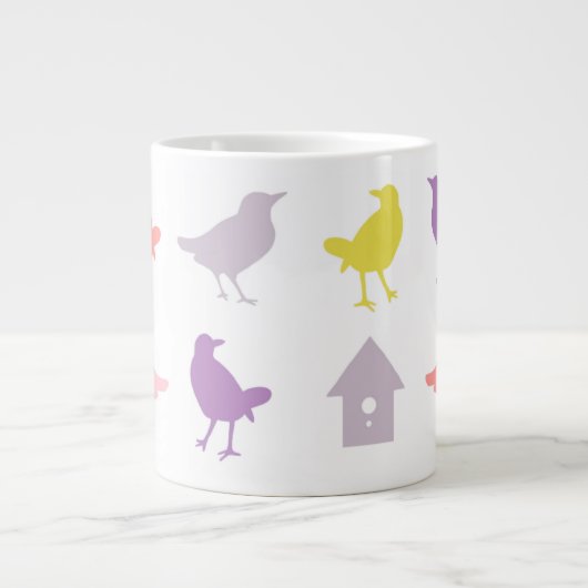 Rosa und Lila Pastellvögel mit Birdhouse Jumbo-Tasse (Vorderseite)
