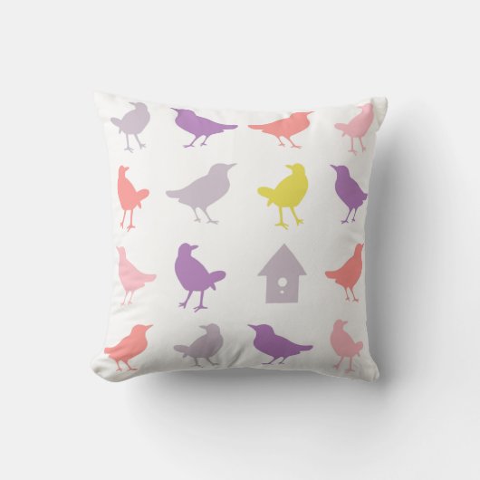 Rosa und Lila Pastellvögel mit Birdhouse Kissen (Vorderseite)