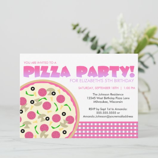 Rosa und lila Pizza-Party Einladung (Stehend Vorderseite)