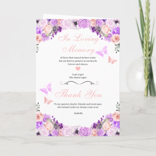 Rosa und Lila Quinceanera Tiara Schmetterlinge Programm (Rückseite)