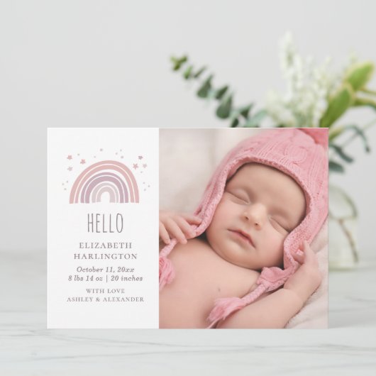 Rosa und lila Regenbogen Neugeburt. Neugeborene Ankündigung (Stehend Vorderseite)