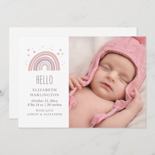 Rosa und lila Regenbogen Neugeburt. Neugeborene Ankündigung (Vorne/Hinten)