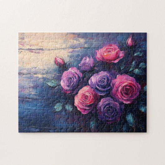 Rosa und Lila Rose auf Holz Puzzle (Horizontal)