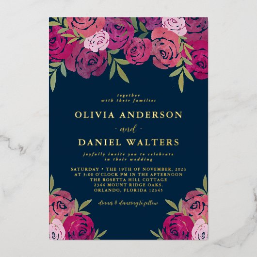 Rosa und Lila Rose Blau Hochzeit Gold Folieneinladung (Vorderseite)