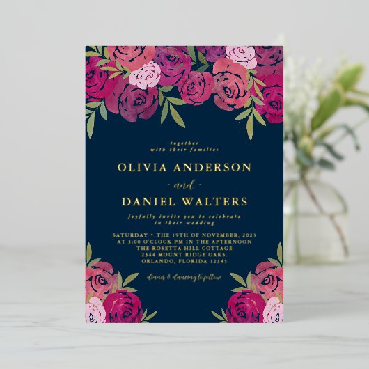 Rosa und Lila Rose Blau Hochzeit Gold Folieneinladung (Stehend vorne)