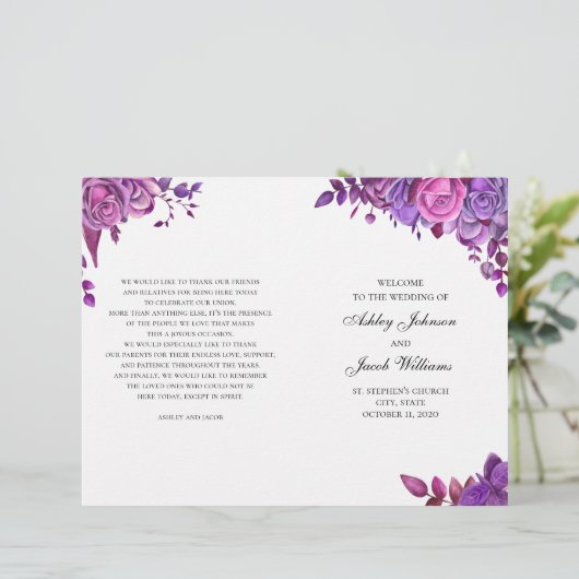 Rosa und lila Rose. Hochzeitsprogramm gefaltet (Stehend Vorderseite)