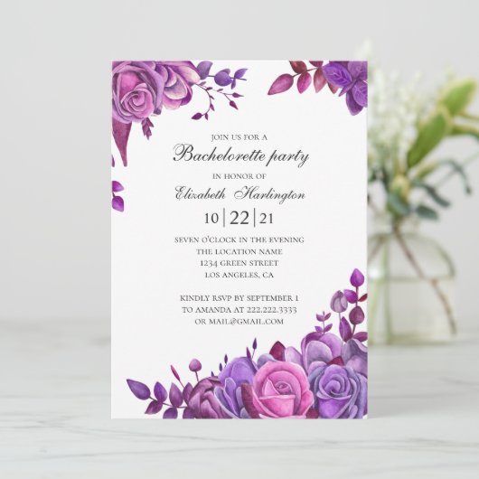 Rosa und lila Rose. Junggeselinnen-Abschied Einladung (Stehend Vorderseite)