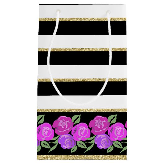 Rosa und Lila Rose, Schwarz, Weiß, Goldbeutel Kleine Geschenktüte (Vorderseite)