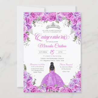 Rosa und Lila Rose & Silver Tiara Quinceanera Einladung