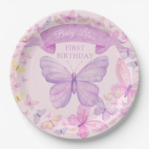 Rosa und Lila Schmetterling - First Birthday Pappteller
