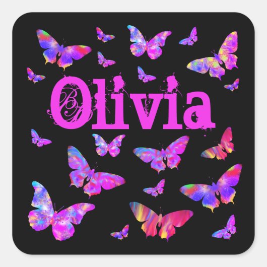 Rosa und Lila Schmetterling Pop Art Olivia Wählen Quadratischer Aufkleber (Vorderseite)