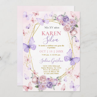 Rosa und Lila Schmetterling Quinceañera Einladung