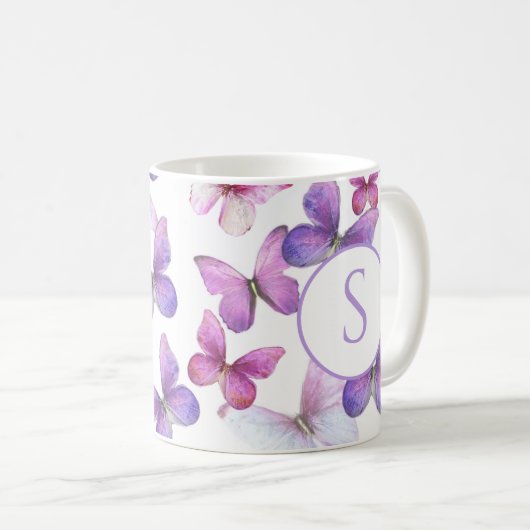 rosa und Lila Schmetterlinge Kaffeetasse (VorderseiteRechts)