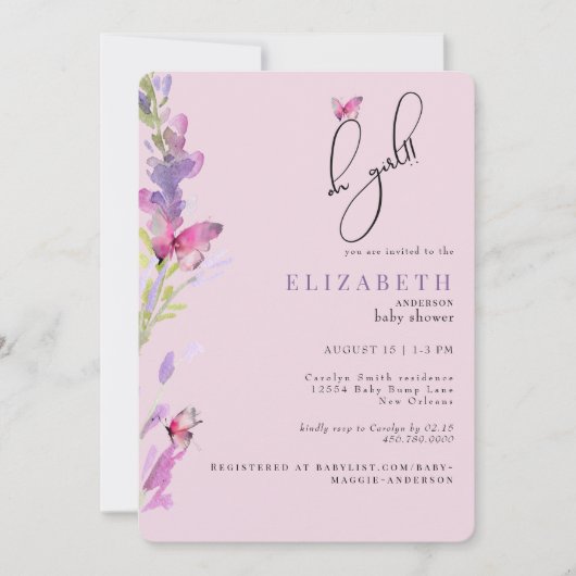 Rosa und Lila Schmetterlinge Oh Girl Baby Dusche Einladung (Vorderseite)