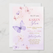 Rosa und Lila Schmetterlinge Quinceañera Einladung (Vorderseite)
