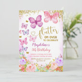 Rosa und Lila Schmetterlingsgeburtseinladung Einladung (Stehend Vorderseite)