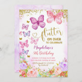 Rosa und Lila Schmetterlingsgeburtseinladung Einladung (Vorne/Hinten)