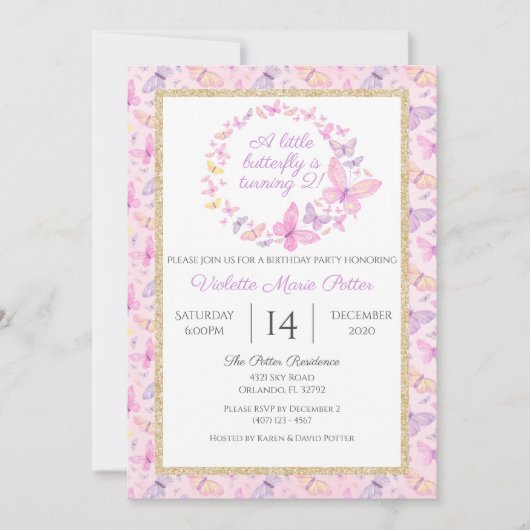 Rosa und Lila Schmetterlingsmädchen Geburtstagspar Einladung (Vorderseite)