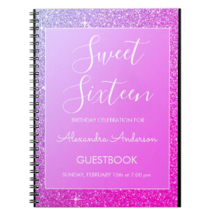 Rosa und Lila Sparkle Glitzer Sweet 16 Gästebuch Notizblock