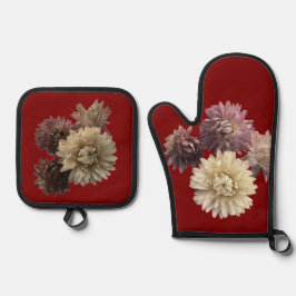 Rosa und lila Strohblume in dunkelrot Ofenhandschuh & Topflappen-Set