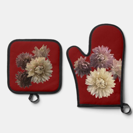 Rosa und lila Strohblume in dunkelrot Ofenhandschuh & Topflappen-Set (Vorderseite)