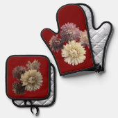 Rosa und lila Strohblume in dunkelrot Ofenhandschuh & Topflappen-Set (Vorderseite/Rückseite)