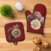 Rosa und lila Strohblume in dunkelrot Ofenhandschuh & Topflappen-Set (Oben Unten)