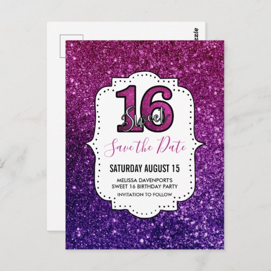 Rosa und Lila süß 16 Sparkling Save the Date Postkarte (Vorne/Hinten)