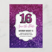 Rosa und Lila süß 16 Sparkling Save the Date Postkarte (Vorderseite)