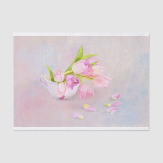 Rosa und Lila Tulpen mit Vintagem Teebecher Seidenpapier (Vorderseite)