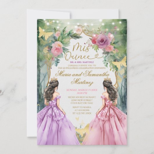 Rosa und Lila Wälder - ZwillingsPrinzessin Quincea Einladung (Vorderseite)