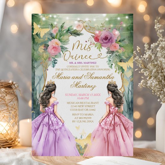 Rosa und Lila Wälder - ZwillingsPrinzessin Quincea Einladung