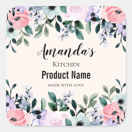 Rosa und Lila Wasserfarbe Blumenstrauß Küche Quadratischer Aufkleber (Vorderseite)