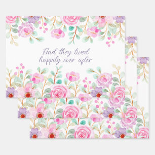 Rosa und lila Wasserfarben-Blumenrahmen Geschenkpapier Set