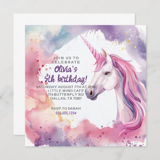 Rosa und Lila Wasserfarbeneinmischung zum Geburtst Einladung (Vorne/Hinten)