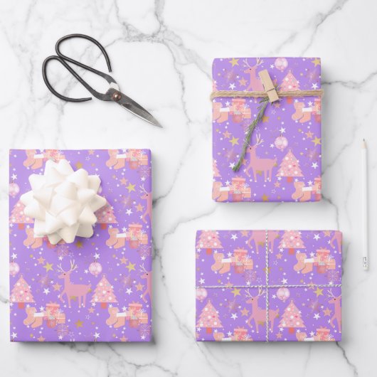 Rosa und Lila Weihnachtsgestaltung Geschenkpapier Set (Vorderseite)