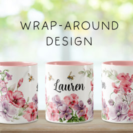 Rosa und Lila Wrap-Around-Bienen und -Blume, zwei  Zweifarbige Tasse