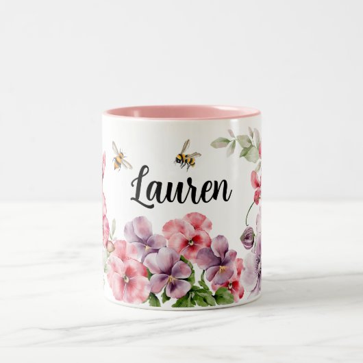 Rosa und Lila Wrap-Around-Bienen und -Blume, zwei Zweifarbige Tasse (Mittel)