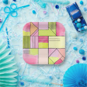 Rosa und Limettengrün Patchwork-Abstrakt Pappteller (Party)