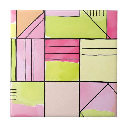 Rosa und Limettengrüne Patchwork-Abstraktion Fliese (Vorderseite)