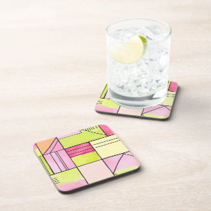 Rosa und Limettengrüne Patchwork-Abstraktion Getränkeuntersetzer