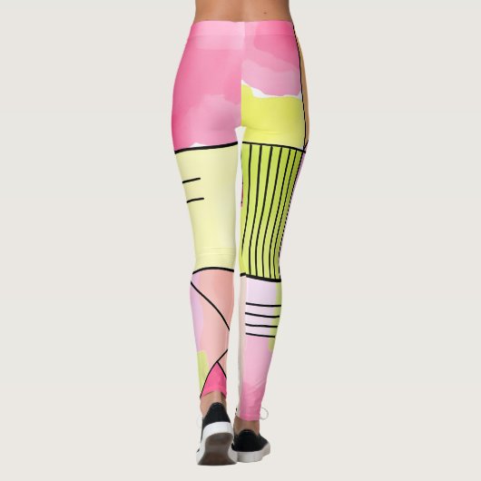 Rosa und Limettengrüne Patchwork-Abstraktion Leggings (Rückseite)