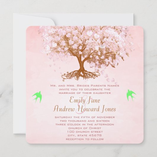Rosa und Limone Herzleaf Tree Hochzeitseinladungen Einladung (Vorderseite)