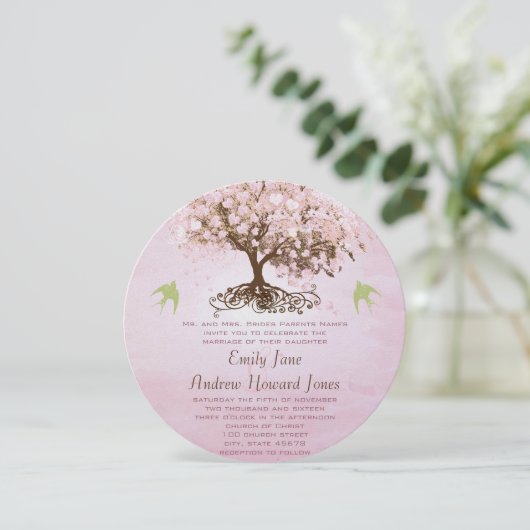 Rosa und Limone Herzleaf Tree Hochzeitseinladungen Einladung (Stehend Vorderseite)