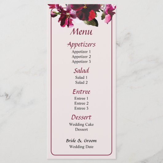 Rosa und Magenta Stiefmütterchen Hochzeitsmenü Menükarte (Vorderseite)